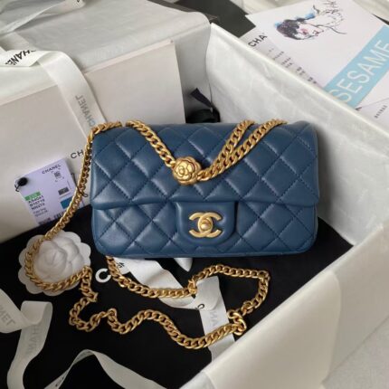 Chanel 23S AS4041 Mini Camellia Embossed Rectangular Flap Bag Antique Gold Hardware Blue