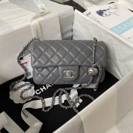 Chanel 23K AS1787 Mini Pearl Embossed Rectangular Flap Bag Lambskin Brushed Silver Metal Hardware Dark Grey