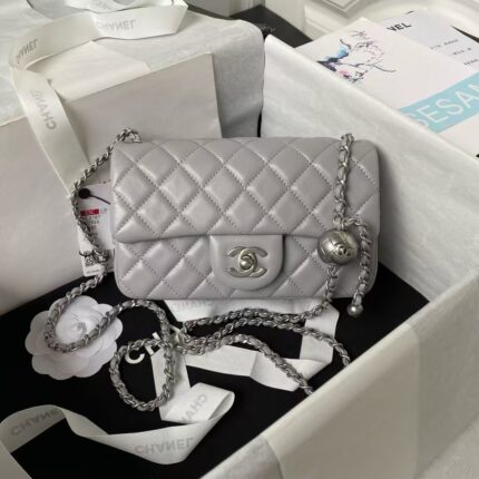 Chanel 23K AS1787 Mini Pearl Embossed Rectangular Flap Bag Lambskin Brushed Silver Metal Hardware Light Grey